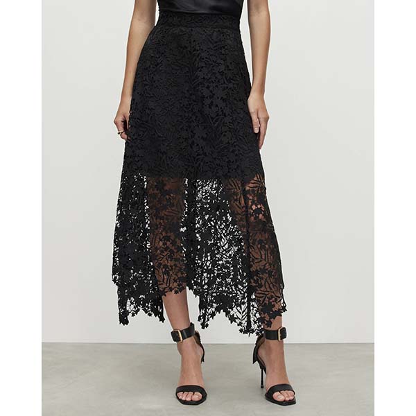 Allsaints Australia Womens Camila Lace Mesh Asymmetric Midi Skirt Black AU19-136